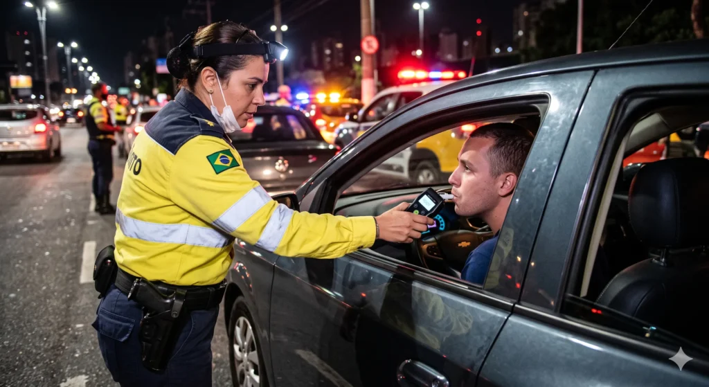 Agente de trânsito aplicando teste de bafômetro em motorista durante abordagem